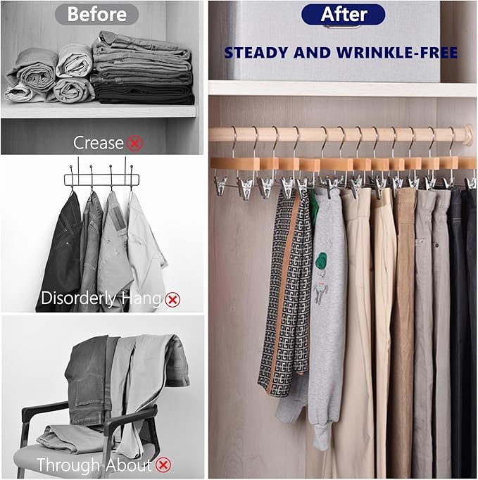 Amber Home 10 Pack Wooden Pants Hangers with Clips, 14" Natural Wood Skirt & Trouser Hangers, Closet Hangers for Jeans, Slacks, Shorts, with 2-Adjustable Clips (Natural, 10)