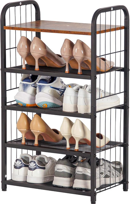 Shoe Rack, 5-Tier Shoe Organizer with Guardrails, Heavy-Duty Metal Mesh Shelves & Rustic Wooden Top for Stylish Closet & Front Door Storage