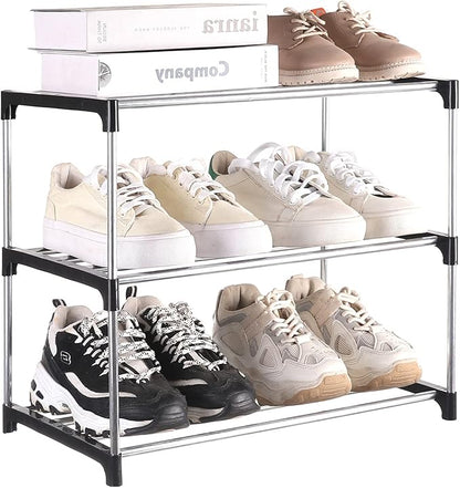 Small Shoe Rack, Narrow Stackable Shoe Shelf Organizer for Entryway, Doorway and Bedroom Closet (3-Tier, Black)