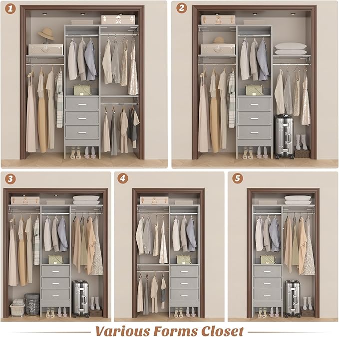 Besiost 4FT Small Closet System with 3 Fabric Drawers, 48'' Closet Organizer System With 3 Adjustable Shelves, Flexible Built-In Clothes Garment Rack for Small Space, 48" L x 13" W x 71" H, Grey