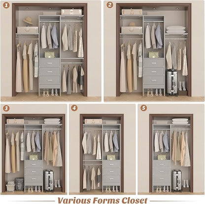 Besiost 4FT Small Closet System with 3 Fabric Drawers, 48'' Closet Organizer System With 3 Adjustable Shelves, Flexible Built-In Clothes Garment Rack for Small Space, 48" L x 13" W x 71" H, Grey