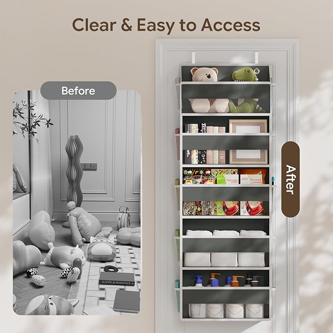 Simple Trending Over The Door Organizer with 10 Side Mesh Pockets, Hanging Storage Organizer with 5 Large Pockets, 50 lbs Weight Large Closet Organizer for Bedroom, Bathroom, Dark Grey