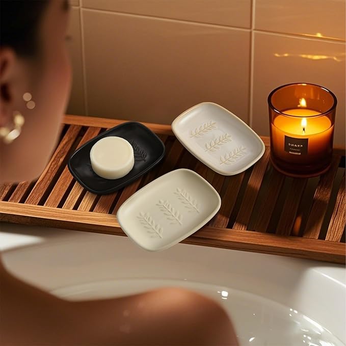 Ceramic Soap Dish for Bathroom, Bar Soap Holder with Elevated Ridges - Keeps Soap Dry, Premium Porcelain Dish, Elegant Modern Decor for Vanity Sink, Shower (Beige)