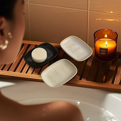 Ceramic Soap Dish for Bathroom, Bar Soap Holder with Elevated Ridges - Keeps Soap Dry, Premium Porcelain Dish, Elegant Modern Decor for Vanity Sink, Shower (Black)