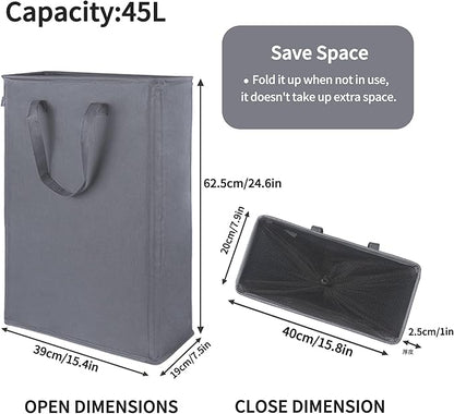 Odonata Slim Laundry Hamper Handles Collapsible Laundry Basket Thin Dirty Clothes Basket Narrow Laundry Bag Foldable Dirty Hamper 45L (Dark Grey)