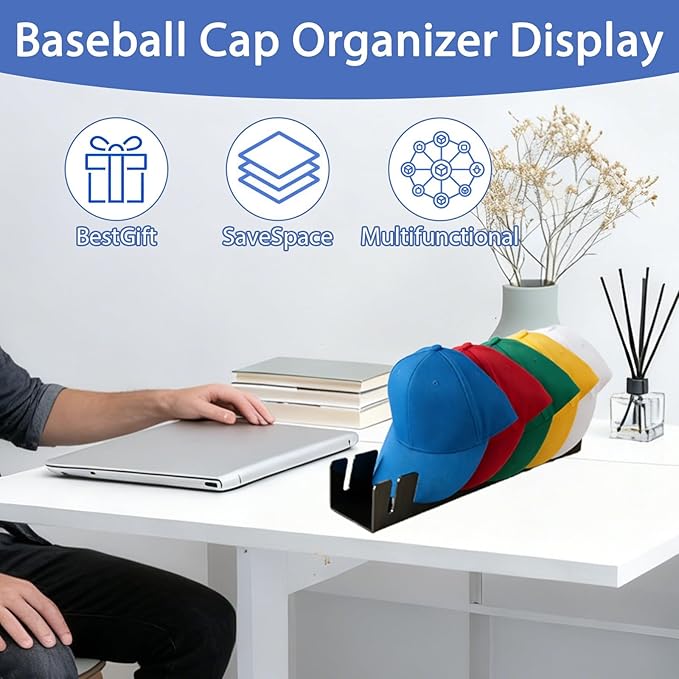 Hat Organizer for Baseball Caps 2Pcs No Install Acrylic Hat Racks for 14 Baseball Caps Storage Organizer for Closet, Bedroom, Dresser, Office Display Holder Durable