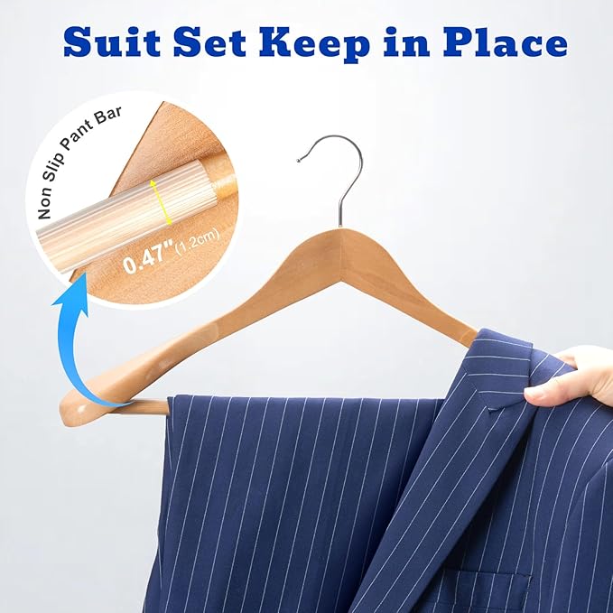 HOUSE DAY Wide Shoulder Wooden Hangers 12 Pack, Wood Suit Hangers for Men with Non Slip Pants Bar, Smooth Finish Solid Wood Coat Hanger for Jacket, Pants, Dress, Heavy Clothes Hangers (Natural)