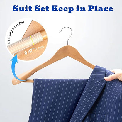 HOUSE DAY Wide Shoulder Wooden Hangers 12 Pack, Wood Suit Hangers for Men with Non Slip Pants Bar, Smooth Finish Solid Wood Coat Hanger for Jacket, Pants, Dress, Heavy Clothes Hangers (Natural)