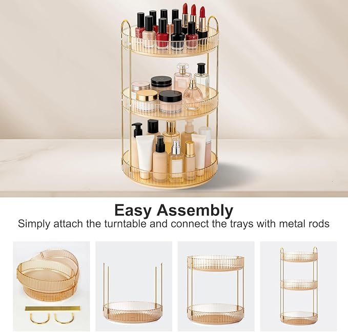360 Rotating Makeup Organizer for Vanity, 3 Tier Perfume Skincare Organizers and Storage for Bathroom Countertop, Large Capacity Clear Spinning Counter Cosmetic Holder for Dresser, Amber Gold