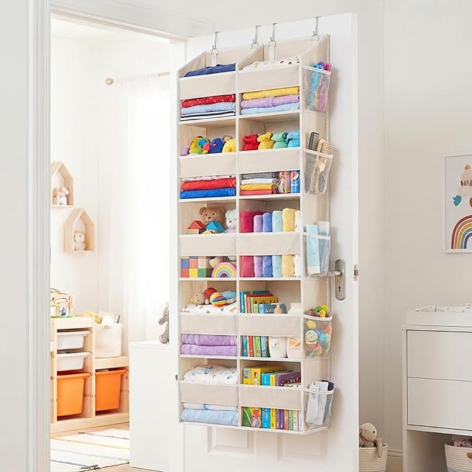 Ofiray-home Over the Door Organizer 5 Tiers,Extra Large Behind Door Storage of 10 Compartments,80 lbs Weight Capacity Over the Door Storage, Door Hanging Organizer for Closet, Diaper Organizer, Beige