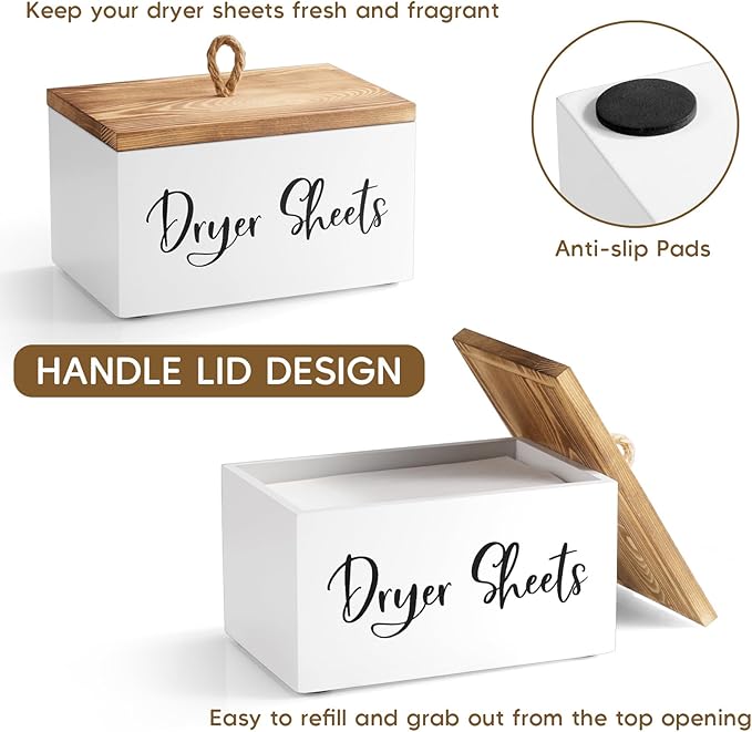 Wood Dryer Sheet Holder - Laundry Sheets Container with Lid - Farmhouse Laundry Room Organization and Storage for Laundry Room Decor and Accessories - Fabric Sheet Dispenser, White