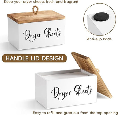 Wood Dryer Sheet Holder - Laundry Sheets Container with Lid - Farmhouse Laundry Room Organization and Storage for Laundry Room Decor and Accessories - Fabric Sheet Dispenser, White