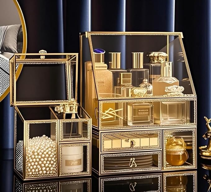 Tempered Glass Makeup Organizer with Gold Heart Shaped Metal Frame, Large Cosmetic Storage Drawer Cabinet, Dustproof Vanity Display Case for Lipstick Makeup Brush Skincare