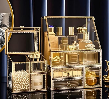 Tempered Glass Makeup Organizer with Gold Heart Shaped Metal Frame, Large Cosmetic Storage Drawer Cabinet, Dustproof Vanity Display Case for Lipstick Makeup Brush Skincare
