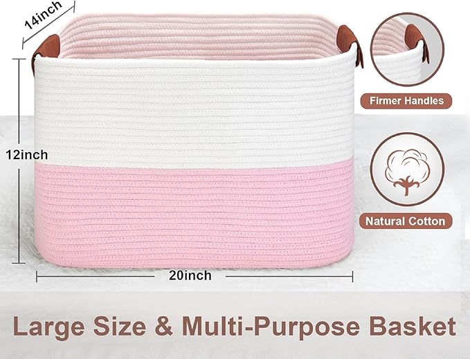 Large Cotton Rope Storage Basket with Leather Handles, Laundry Hamper Basket, 20 "L x 14" W x 12 "H, Durable & Stylish Organizer for Home.(Large Pink)