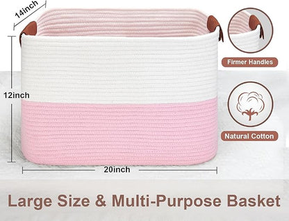 Large Cotton Rope Storage Basket with Leather Handles, Laundry Hamper Basket, 20 "L x 14" W x 12 "H, Durable & Stylish Organizer for Home.(Large Pink)