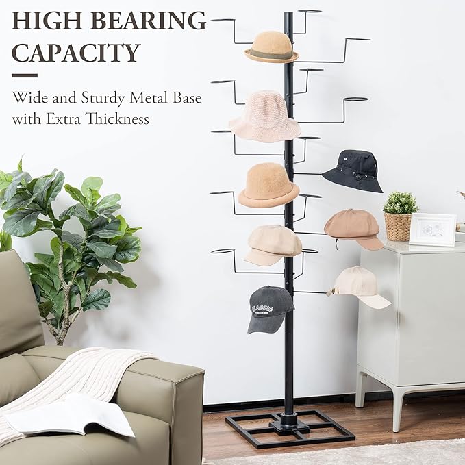 MyGift Modern Freestanding Hat Rack Organizer, 360 Degree Rotating Cowboy Hat Display Stand with 20 Customizable Circular Hooks, Black Metal