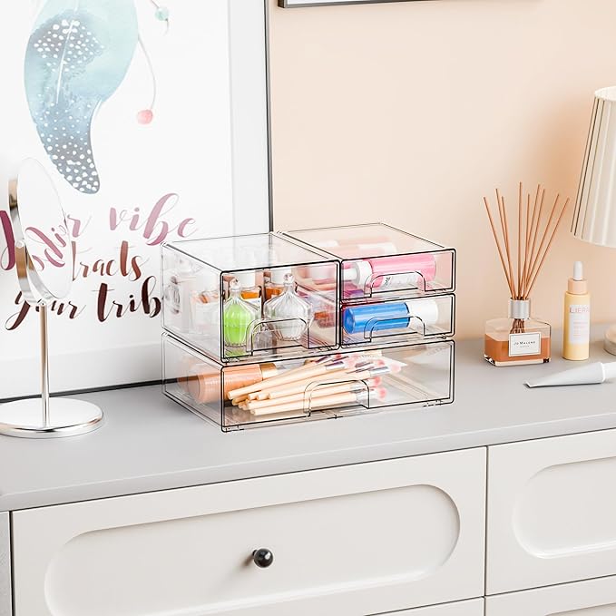 Yieach 4 Pack Clear Stackable Storage Drawers,Acrylic Drawer Organizer for Medicine,Palettes,Hair Accessories and Makeup Organizer,Plastic Drawers for Cabinet,Office,Desk,Bathroom Storage Containers
