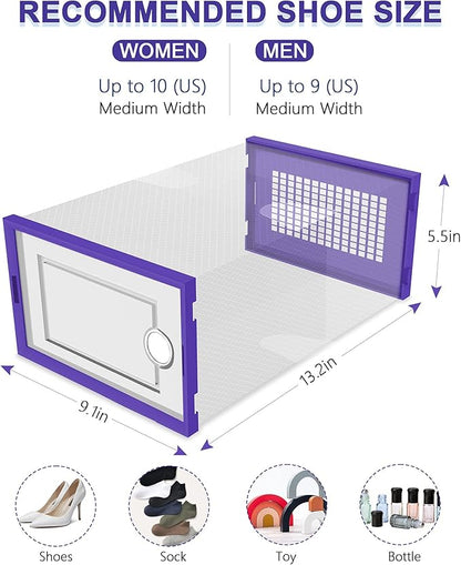 Kuject Shoe Organizers Storage Boxes for Closet, 12 Pack Clear Plastic Stackable Storage Bins with Lids, Under Bed Shoe Containers for Entryway, Drop Front, Fit up to Women's Size 10,Purple