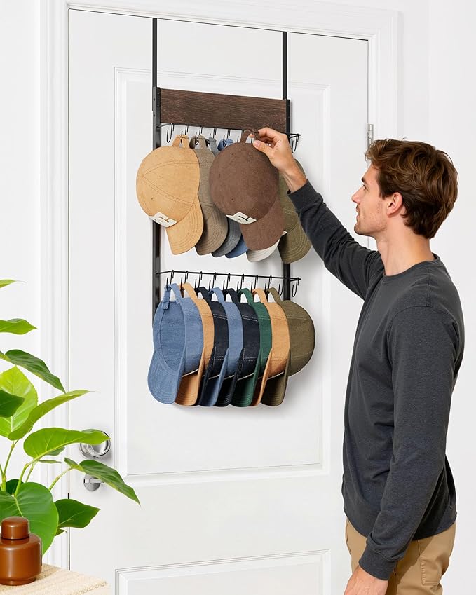 FANGSUN 2-Tier Over the Door Hat Rack with 20 Movable Hooks – Wall Mounted Hat Organizer for Baseball Cap Storage, Cap Holder Gifts for Men Dad, Christmas Presents