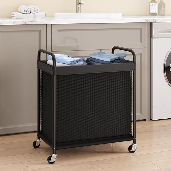 ELYKEN Laundry Hamper 2 Section, 100L Rolling Laundry Sorter with Removable Liner Bag, Laundry Basket with Wheels, Steel Frame with Metal Handle, Clothes Hamper Cart for Laundry Room & Bedroom