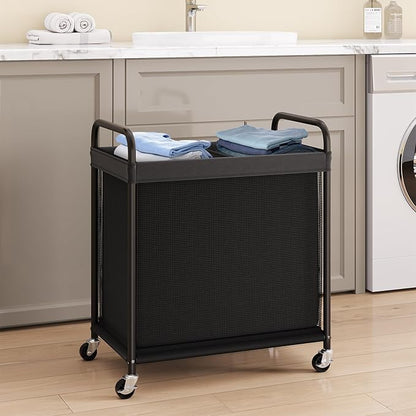 ELYKEN Laundry Hamper 2 Section, 100L Rolling Laundry Sorter with Removable Liner Bag, Laundry Basket with Wheels, Steel Frame with Metal Handle, Clothes Hamper Cart for Laundry Room & Bedroom