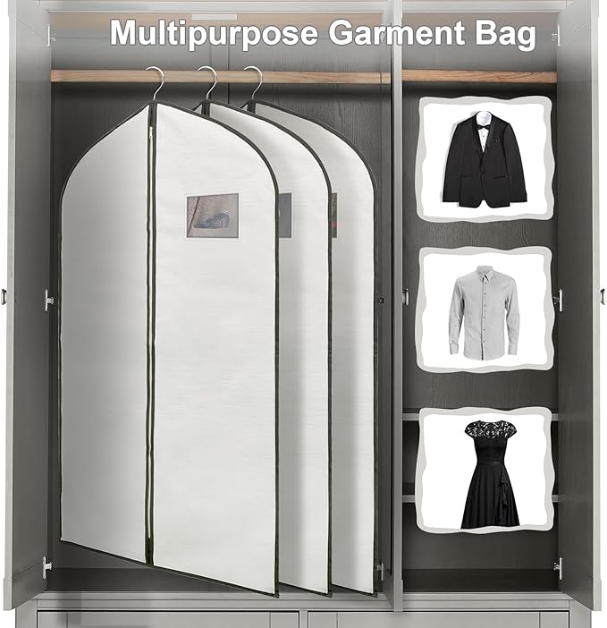 2 Pack 40x24 Inch Cloth Garment Bags, Suit Coat Cover for Hanging Clothes, Men's Greyish White Cloth Suit Bag for Fur Coats & Dress Shirts