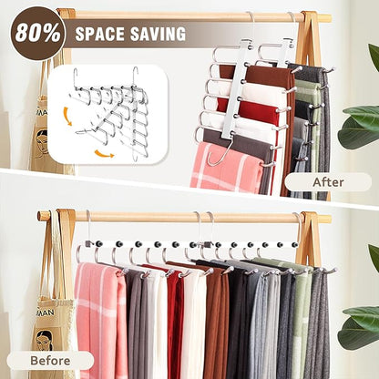HUITEM 4 Pack 6-Tier Space Saving White Pant Hangers, Anti-Slip, Lightweight, Stainless Steel, Ideal for Closet Organization, Free Installation