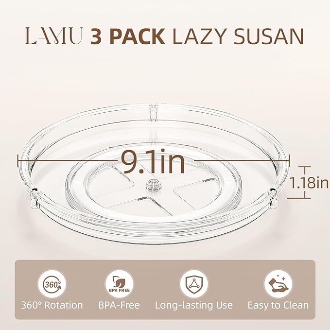 LAMU 3 Pack Lazy Susan Organizer, 9'' Clear Lazy Susan Turntable for Cabinet, Fridge, Kitchen, Pantry, Countertop, Table Top, Refrigerator Organizers and Storage, Seasoning and Spice Organizer