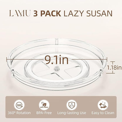 LAMU 3 Pack Lazy Susan Organizer, 9'' Clear Lazy Susan Turntable for Cabinet, Fridge, Kitchen, Pantry, Countertop, Table Top, Refrigerator Organizers and Storage, Seasoning and Spice Organizer