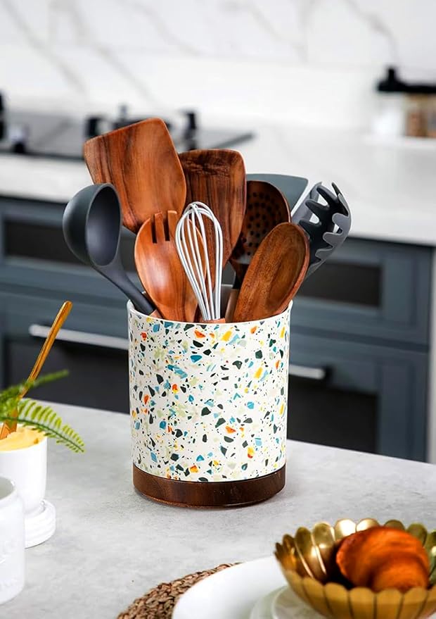 Nucookery 360°Rotating Utensil Holder, 7.2" Large Utensil Crock, White Ceramic Cooking Utensil Organizer,Farmhouse Kitchen Decor Christmas Thanksgiving Gift (Marble Pattern)