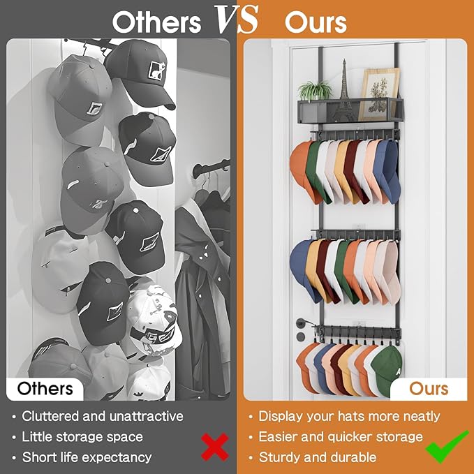 3 Tier Over Door Hat Organizer with Basket, Hat Rack for Baseball Cap with 18 Hooks and 10 Movable Clips,Hat Hanger Storage Holds up to 30+ Caps for Door, Bedroom, Closet (Black)