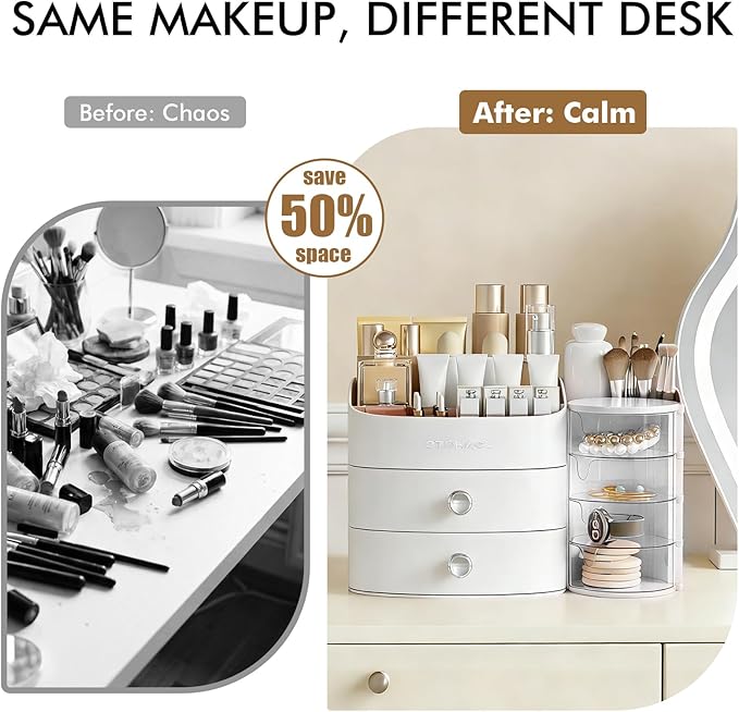 Makeup Organizer Countertop with Drawers, Make up Organizers for Vanity, Skincare Jewelry Earring Organizers, Cosmetic Display Cases Makeup Storage for Bedroom & Bathroom, Ideal Gifts for Women(White)