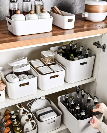 Set Of 4 Plastic Storage Bins,13.8×10×3.3 inch Versatile Kitchen Pantry Organization and Storage,for Plastic Storage Container Under Bed,Under Sink Bathroom Organizer (White, 4 XM)