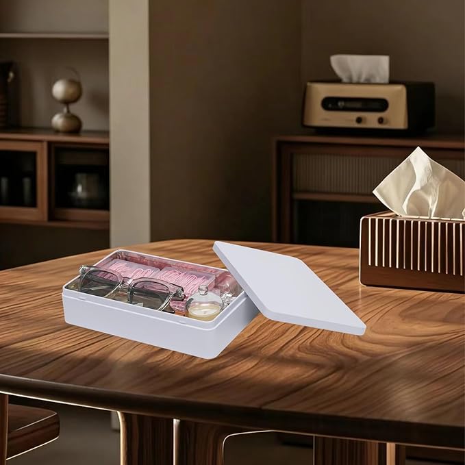 White Metal Tin Box with Lid, 8.5 x 5.3 x 1.9 Inch Rectangular Empty Tin Box for Home Storage