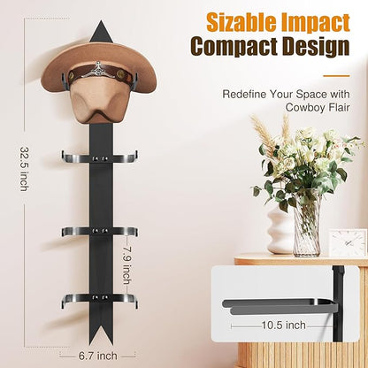 Cowboy Hat Rack, Cowboy Hat Holder Wall Mount Holds up to 4 Hats, Wooden Western Rustic Metal Cow boy Hat Hanger with Arrow Sign Board, Hat Rack for Western Hats, Fedora, Sun Hats (Black-1 Pack)