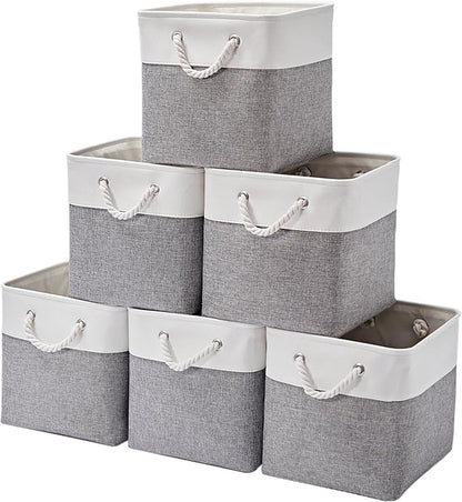 MidmmVick 12 x 12 Inch Cube Storage Bins, 6 Pack Large Collapsible Fabric Storage Bin with Ropes, Foldable Storage Cubes for Home, Office,Closet, Clothes, Toys Organizer (White & Grey)