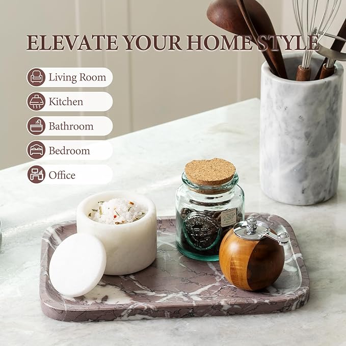 Koville Marble Tray, 12"x8" Marble Vanity Tray for Countertop Bathroom Kitchen Dresser, Decorative Catchall Trays for Perfume Jewelry, Rectangular Stone Serving Tray(Purple)