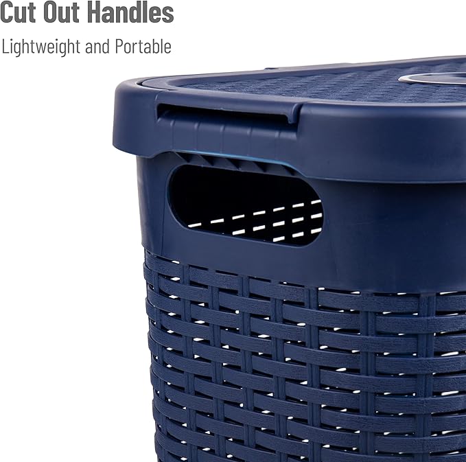 Mind Reader Slim Laundry Hamper with Lid, 40L Clothes Basket, Narrow Tapered Design with Ventilated Cutout Pattern, Plastic, Navy