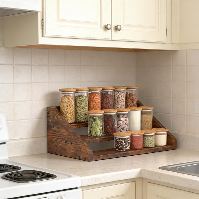 Spice Rack Organizer for Cabinet, Robust Wooden Display Riser Shelf Seasoning Organizer for Countertop Cupboard Pantry, Condiment Jar Kitchen Storage Holder Super Sturdy Stand, Rusitc Brown (3-Tier)