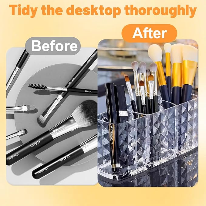 2 Pcs Acrylic Makeup Brush Holder,3 Compartment Cosmetic Organizer,Bathroom Vanity Countertop Storage for Brushes Beauty Tools Pencils Pens Bathroom Living Room