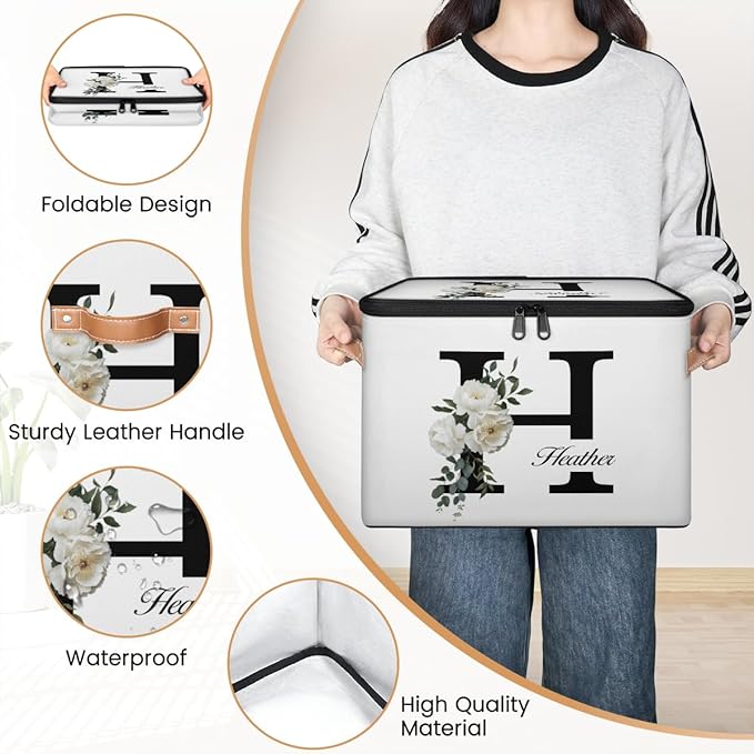 Custom Initials Floral Storage Bins with Lid, Foldable Personalized Storage Basket Boxes with Handle Shelf Basket Closet Organizer Cube