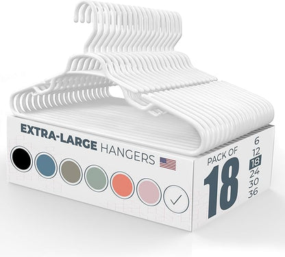 Large & Wide Heavy Duty Clothes Hangers 18 Pack – Made in USA – Ideal for Plus Size Clothing – 10lb Plastic Hangers with Notches for Oversized Adult Coats & Pants – White