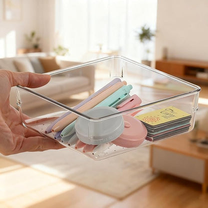 6 Pcs Large Clear Plastic Drawer Organizers Tray 6" x 6" Storage Bins with 25 Pcs Non-Slip Pads for Makeup, Jewelries, Kitchen Utensils, Bathroom and Office