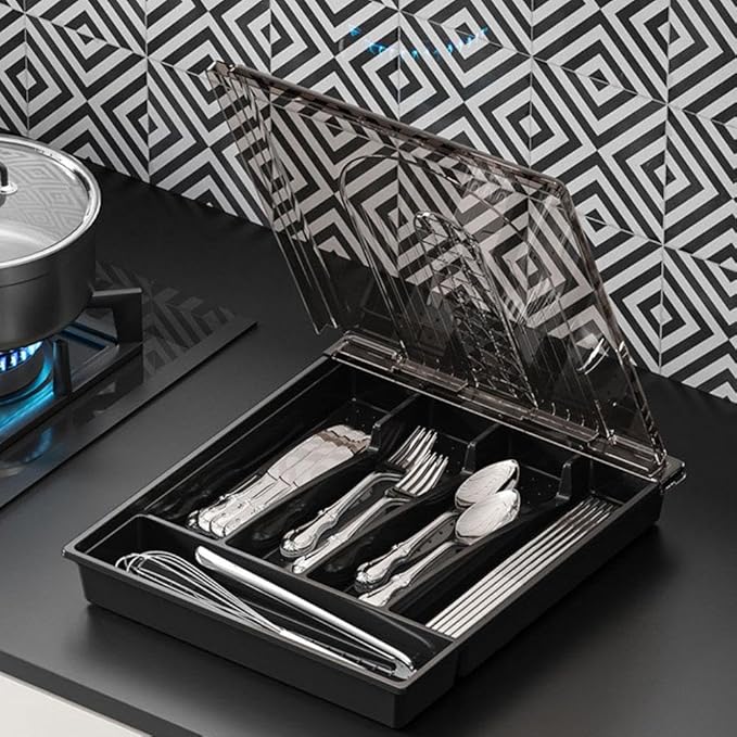 Utensil Tray with Lid, 6 Compartments Covered Silverware Organizer Case for Spoons Forks, Plastic Cutlery and Flatware Storage Box for Kitchen Drawer and Countertop(black)