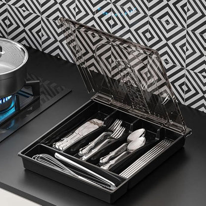 Utensil Tray with Lid, 6 Compartments Covered Silverware Organizer Case for Spoons Forks, Plastic Cutlery and Flatware Storage Box for Kitchen Drawer and Countertop(black)