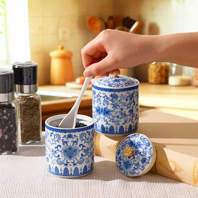 1 Pc Vintage Chinese Ceramic Porcelain Salt Cellar with Lid Ceramic Salt Holder Container for Coffee, Sugar, Spices and Candies, Airtight Spice Jar, Kitchen Storage Dish (Lotus in Vine)