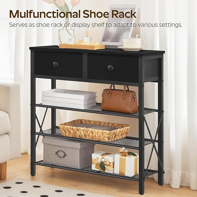 YATINEY 4 Tier Shoe Rack, Large Capacity Shoe Storage Organizer, Metal Shoe Shelf with Drawer and Wooden Top, for 16 Pairs of Shoes, for Entryway, Closet, Black SS24BB