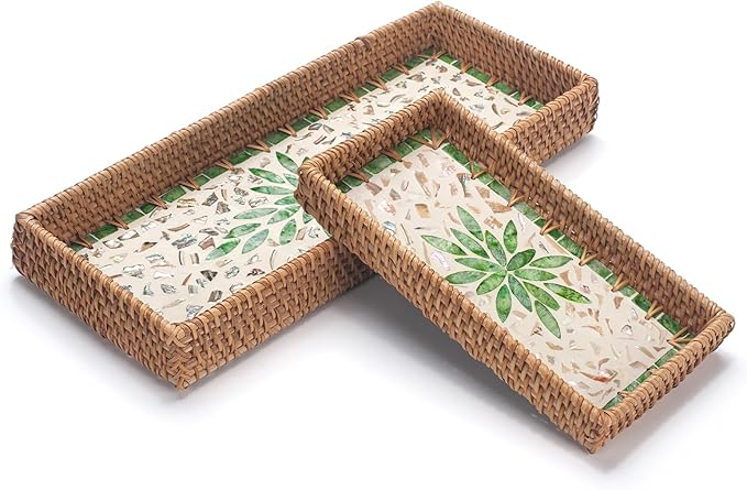 2 Pack Rattan Bathroom Vanity Tray with Mother of Pearl Inlay, Toilet Tank Tray, Toilet Basket Tank Topper, Bathroom Basket for Organizing and Decor (Green Leaves)