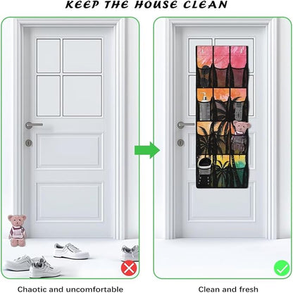 Coconut Trees Hanging Storage Bags,Shoe Organizer Door Hanger with 12 Mesh Large Pockets,Space Saver Hanging Shoe Storage Hanging Bag